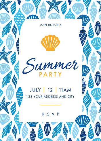 Summer Party design template with Seashells. Design for advertising, banners, leaflets and flyers. Stock illustration