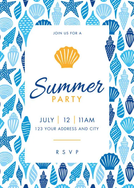 Vector illustration of Summer Party design template with Seashells.