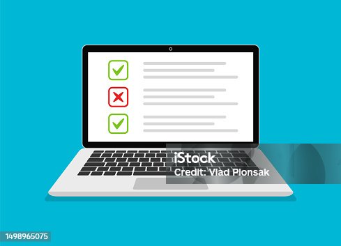 istock Online exam and online testing on laptop. Checklist, online form survey, choosing answer on laptop screen. Vector illustration. 1498965075