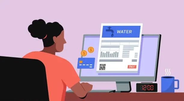 Vector illustration of Woman using credit card pay water bill on computer