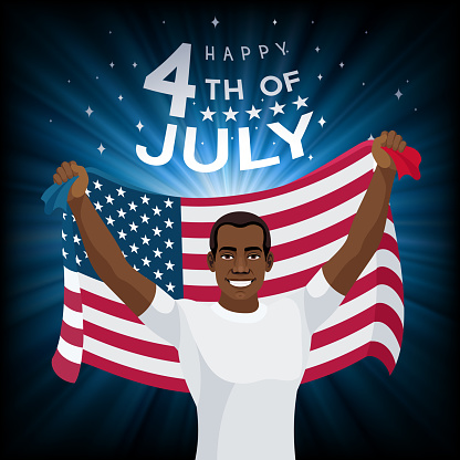 American Flag. Happy Independence Day. Colorful fireworks. Fourth of July. African American Man Carrying USA Flag.