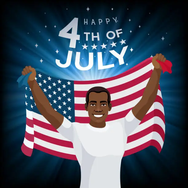 Vector illustration of American Flag. Happy Independence Day. Colorful fireworks. Fourth of July. African American Man Carrying USA Flag.