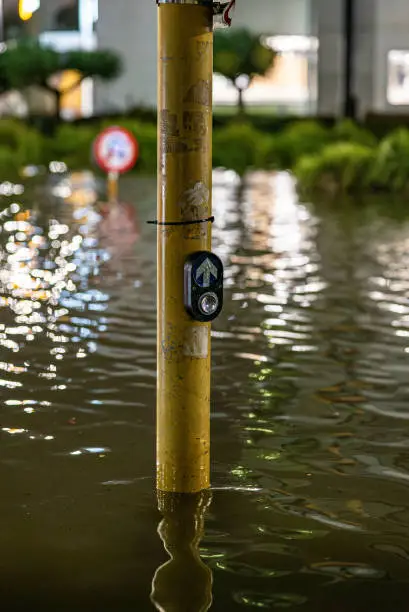 A pole of pedestrian push button partially under the water
