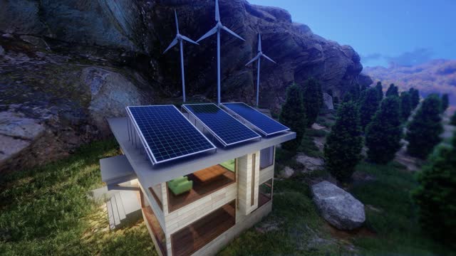 Modern energy efficient house with solar panels. Merging technology and ecology