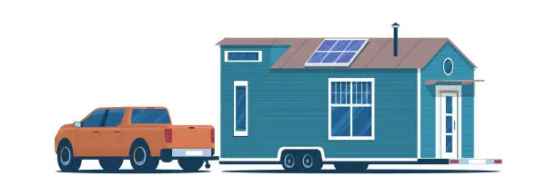 Vector illustration of Pickup truck towing a tiny house on a wheeled chassis isolated