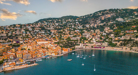 An aerial view of Villefranche-sur-Mer and the surrounding beach on the Cote d'Azur, France.