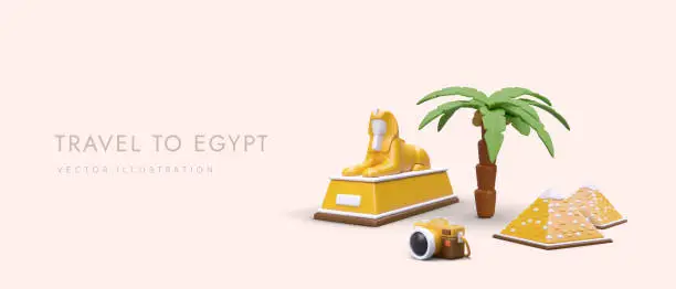 Vector illustration of Tourist Egypt. Best tours to pyramids, Sphinx. Interesting excursions, beautiful photos to remember