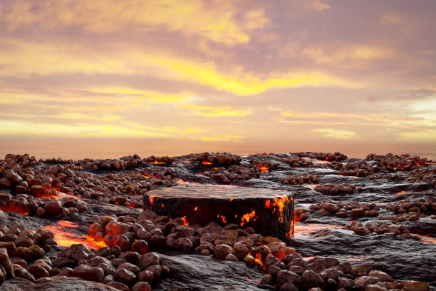istock Abstact 3D render Platform backgrond, Stone podium on the lava and magma with rocks smelt in volcano for product display, Blank showcase, mock up presentation, create and design 1498980050