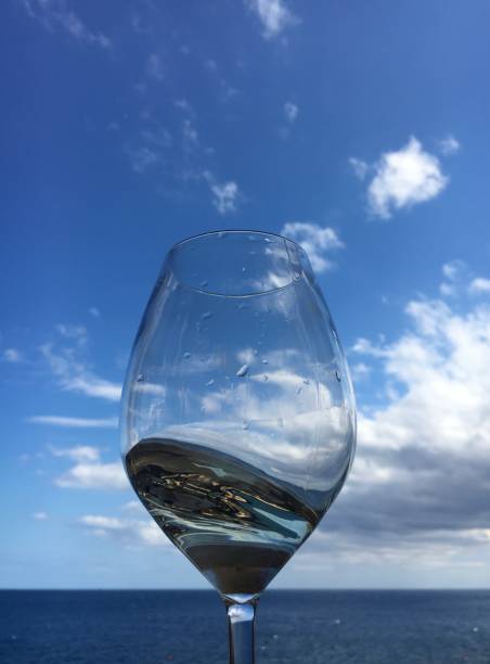 White wine and bread on a table at the beach