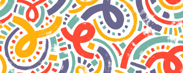 Multi colored squiggled bold lines with loops and dots seamless pattern. Multi colored squiggled bold lines with loops and dots seamless pattern. Abstract brush drawn curved lines colorful ornament. Loops and small dots. Grunge vector basic shapes, curved thick strokes. fun stock illustrations