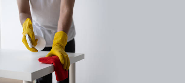 istock Close up view of man cleaning white wooden table using clothes and cleaning solution liquid spray. 1498984010