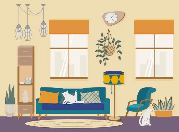 Vector illustration of Vector interior of living room, flat illustrations. Furnitures in mid century style.