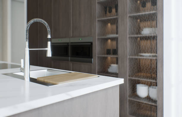 istock Kitchen minimalism. Wooden kitchen with large long island and bar stools. Kitchen with marble top and wooden bottom. 3d render 1498984366
