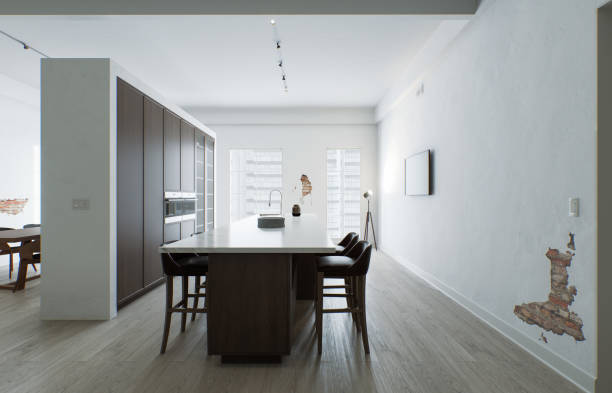 istock Kitchen minimalism. Wooden kitchen with large long island and bar stools. Kitchen with marble top and wooden bottom. 3d render 1498984367