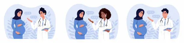 Vector illustration of Male and female doctors talking to patients using a tablet during consultation. Doctors and pregnant women of different races and ages.
