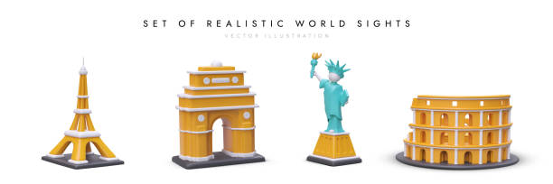 istock Cartoon figures of Eiffel Tower, old gateway, Statue of Liberty and Coliseum 1498986108