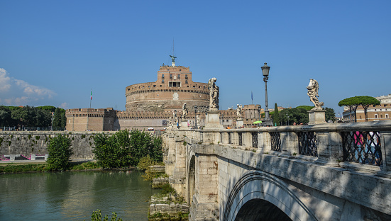 Rome, Italy - Oct 14, 2018. Castel Sant Angelo with Tiber River. The building was later used by the Popes as a fortress and castle, and is now a museum.