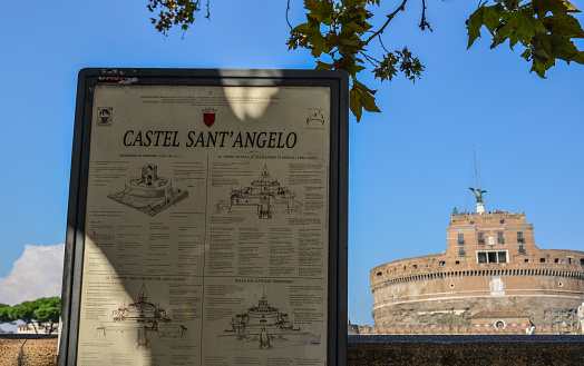 Rome, Italy - Oct 14, 2018. Information board of Castle of San Angelo. The building was later used by the Popes as a fortress and castle, and is now a museum.