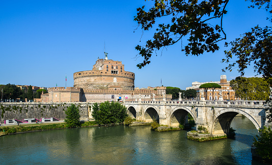 Rome, Italy - Oct 14, 2018. Castel Sant Angelo with Tiber River. The building was later used by the Popes as a fortress and castle, and is now a museum.