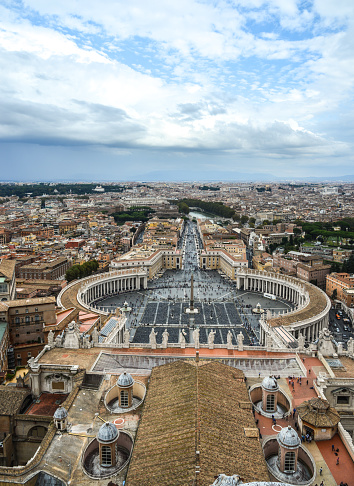 Vatican - Oct 16, 2018. Aerial view of the Saint Peter Square of Vatican City. View from top of the Saint Peter Basilica.