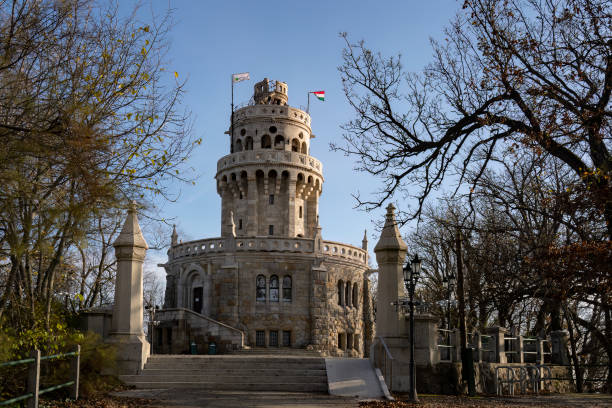 Budapest, Hungary - December 1st, 2022: The Elizabeth lookout tower on Janos hill, Budapest, Hungary, on a clear, sunny day.
