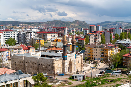Sivas, Turkey - May 7 2023: Panoramic view of Blue Madrasa from  Sivas castle
