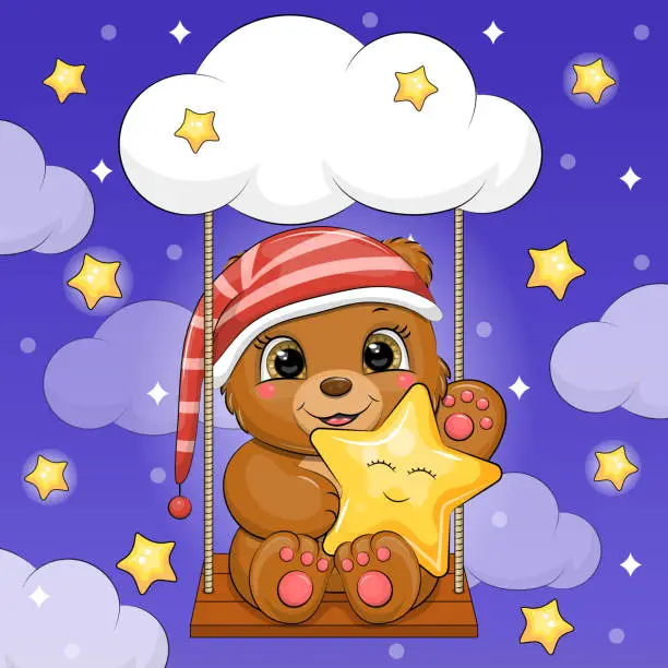 Vector illustration of A cute cartoon brown bear in a red nightcap holds a yellow star and sits on a swing.