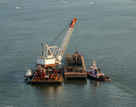 Seaport in Gdynia, Poland. A dredger working in the port of Gdynia to deepen the waterway.