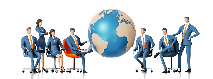 Business team on a meeting. Successful business people discussing problems, finding solutions, make agreement on a deal. International business communications 3D rendering illustration.