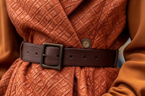 Fancy details of orange textured coat with leather brown belt.
