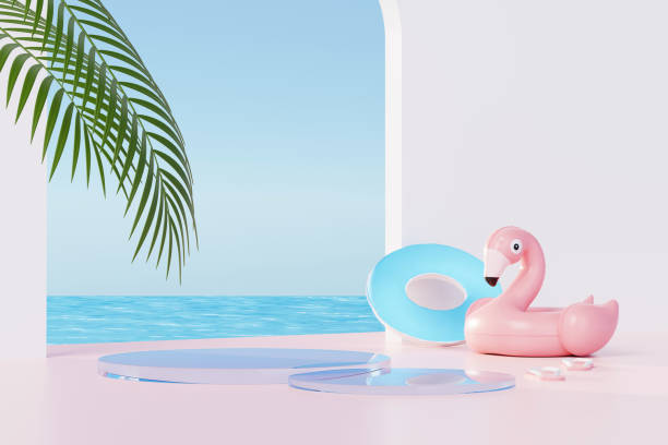 istock 3D render Summer vacation abstract product display, Minimal Realistic Display Podium in the blue ocean sea background concept, Cosmetics with tropical summer island, umbrella, inflatable ring. 1498997392