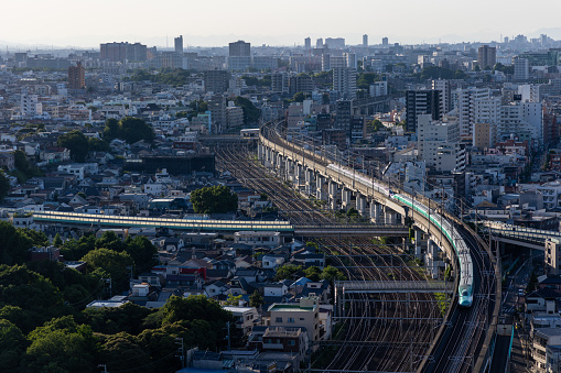 Tokyo, Japan - May 24, 2023 : E6 and E5 Shinkansen bullet train travels along an elevated railway track in Tokyo, Japan.
