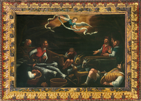 Annecy - The  painting Apparation of angels to shepherds  in St. Pierre Cathedral by unknown artist.