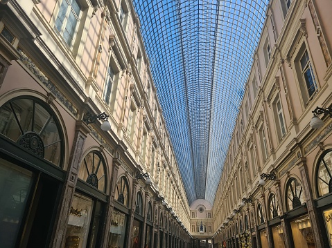 Brussels, Belgium – June 11, 2023: Interior of the Royal Saint-Hubert Galleries in central Brussels.