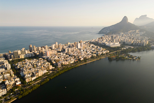 Rodrigo de Freitas Lagoon, Two Brothers and Pedra da Gavea Mountains, Ipanema and Leblon Aerial View, Rio de Janeiro, Brazil.