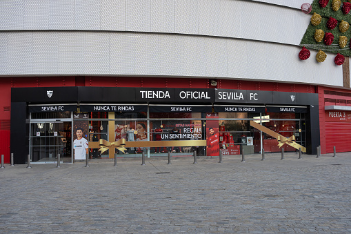 Seville, Andalusia, Spain; december 17th 2022: Official Sevilla Football Club store at the stadium entrances.