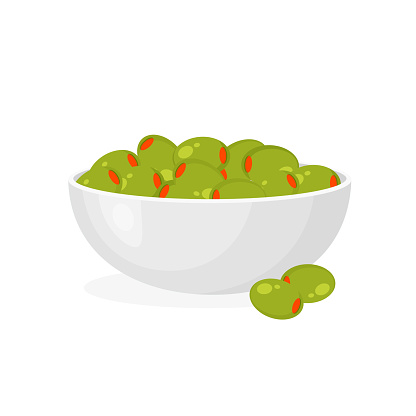 Pickled green olives in a plate. Olive stuffed by vegetables, salmon or shrimp. Appetizer in a bowl. Spain or greek cuisine. Vector Illustration.