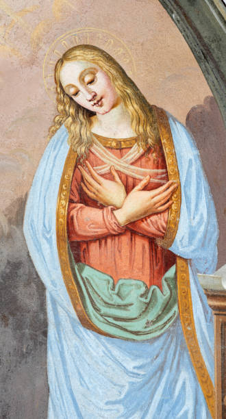 Alagna - The fresco of Virgin from Annunciation on the facade of church  San Giovanni Battista Alagna - The fresco of Virgin from Annunciation on the facade of church  San Giovanni Battista by Alonzo and Giuseppe Antonio Avondo (1843). roberto alagna stock pictures, royalty-free photos & images