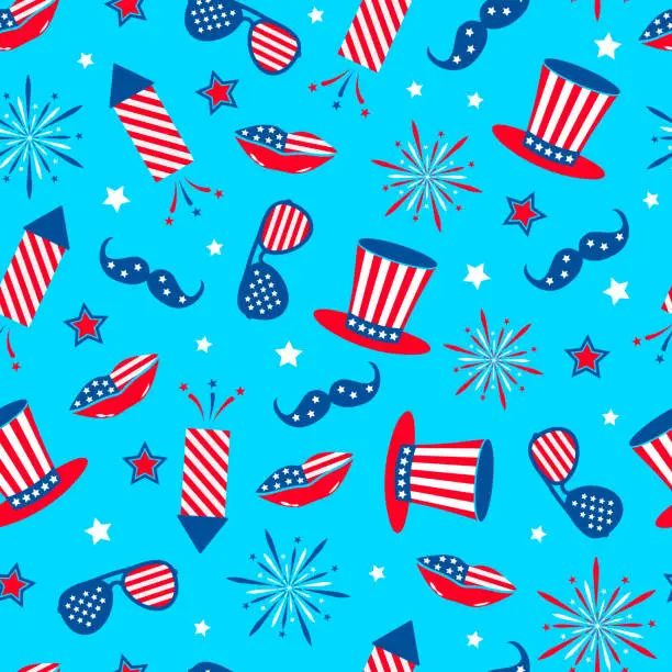 Vector illustration of USA patriotic seamless pattern. Fourth of July traditional background.  Cracker and fireworks backdrop. Vector template for fabric, textile, wallpaper, wrapping paper, etc