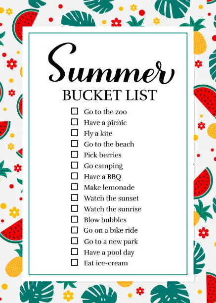 Vector illustration of Summer bucket list. Funny things to do checklist. Seasonal activity planner page.  wish list. Easy to edit vector template