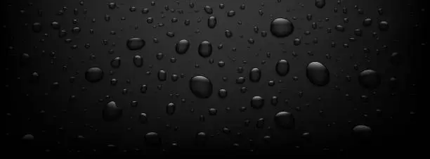 Vector illustration of Rain water drop bubble vector background. Condensation water drops on black glass background. Abstract wet texture, rain water drop pattern. Vector illustration