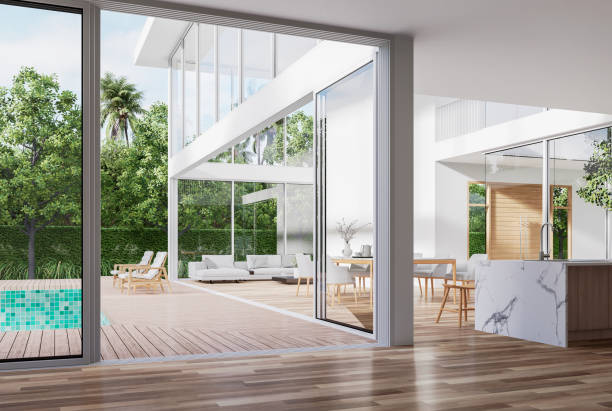 istock Modern style white house interior with wooden swimming pool terrace 3d render 1499014738