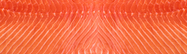 Natural Atlantic Norwegian Salmon Fillet Texture or Pattern Closeup. Macro Photo Fresh Red Fish or Trout Background Top View