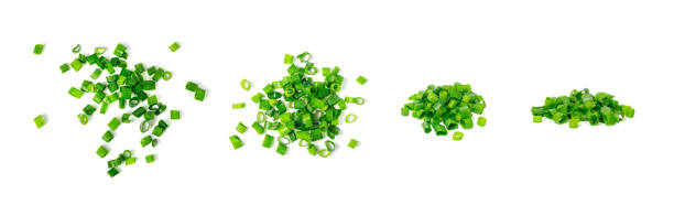 Green Onion Cuts Isolated, Scattered Fresh Chive Pile, Chopped Green Leek, Scallion Greens Pieces Chopped Green Onion Cuts Isolated, Scattered Fresh Chive Pile, Chopped Green Leek, Scallion Greens Pieces Chopped Chives, Spring Onion on White Background Top View chopping food stock pictures, royalty-free photos & images