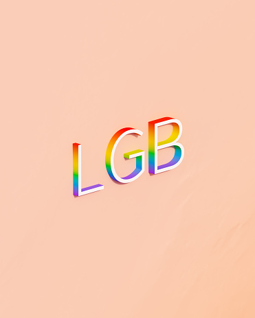 LGB Letters Rainbow Pride Celebration Lesbian Gay Bisexual Same Sex Multicolour Peach Background 3d illustration render digital rendering