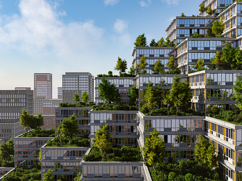 A sustainable green office or housing complex with roof gardens