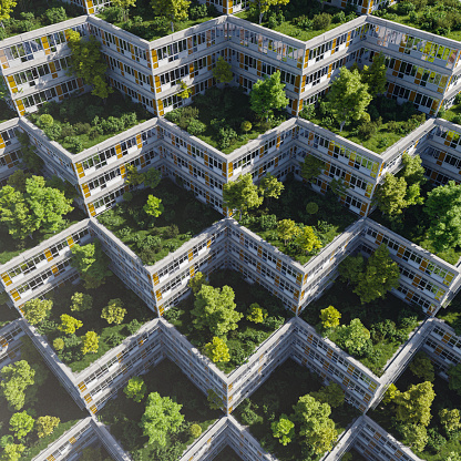 A sustainable green office or housing complex with roof gardens, overhead view