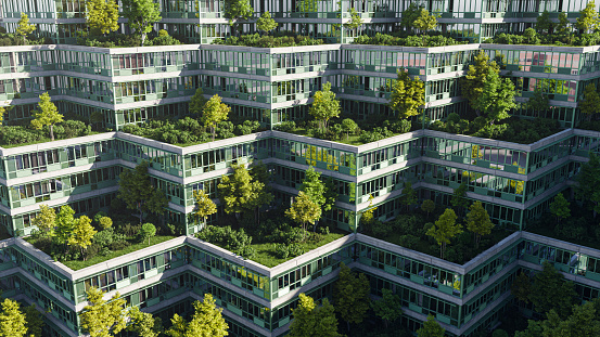 A sustainable green office or housing complex with roof gardens