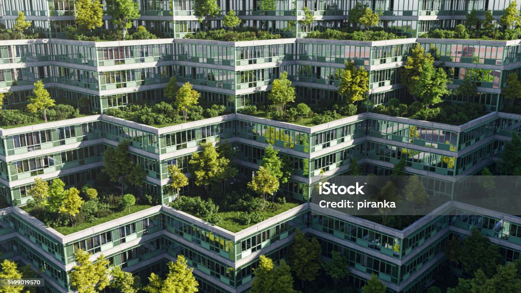 Roof garden A sustainable green office or housing complex with roof gardens Environmental Conservation Stock Photo