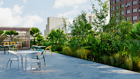 A lush garden on the rooftop of an office or apartment building